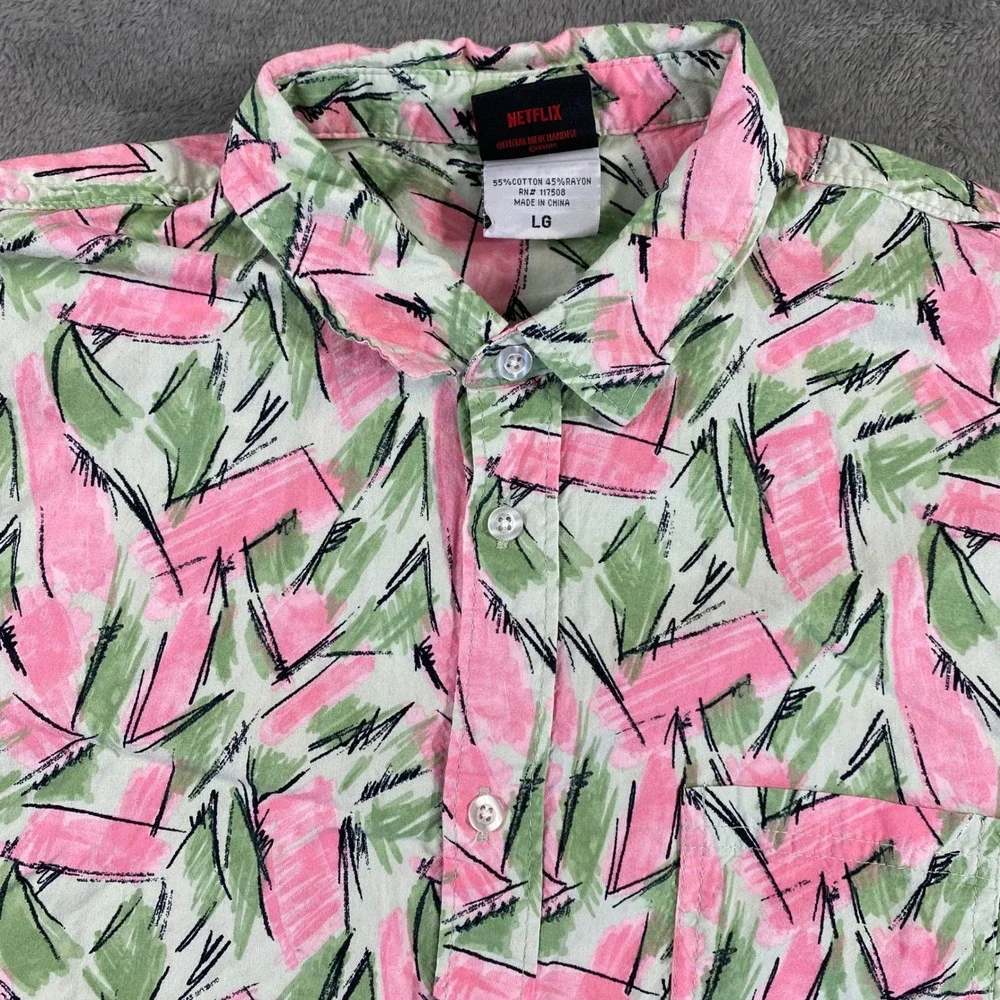 Stranger Things Netflix Button Down Men LG Pink Hopper Shirt 80s Retro Geek Nerd - Picture 3 of 9